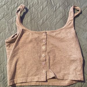 grey button up, cropped tank.